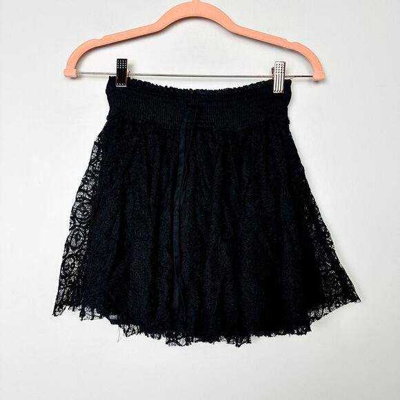 Free People Dresses & Skirts - Free People Black Lace Elastic Waist with Tie Mini Skirt Size Small